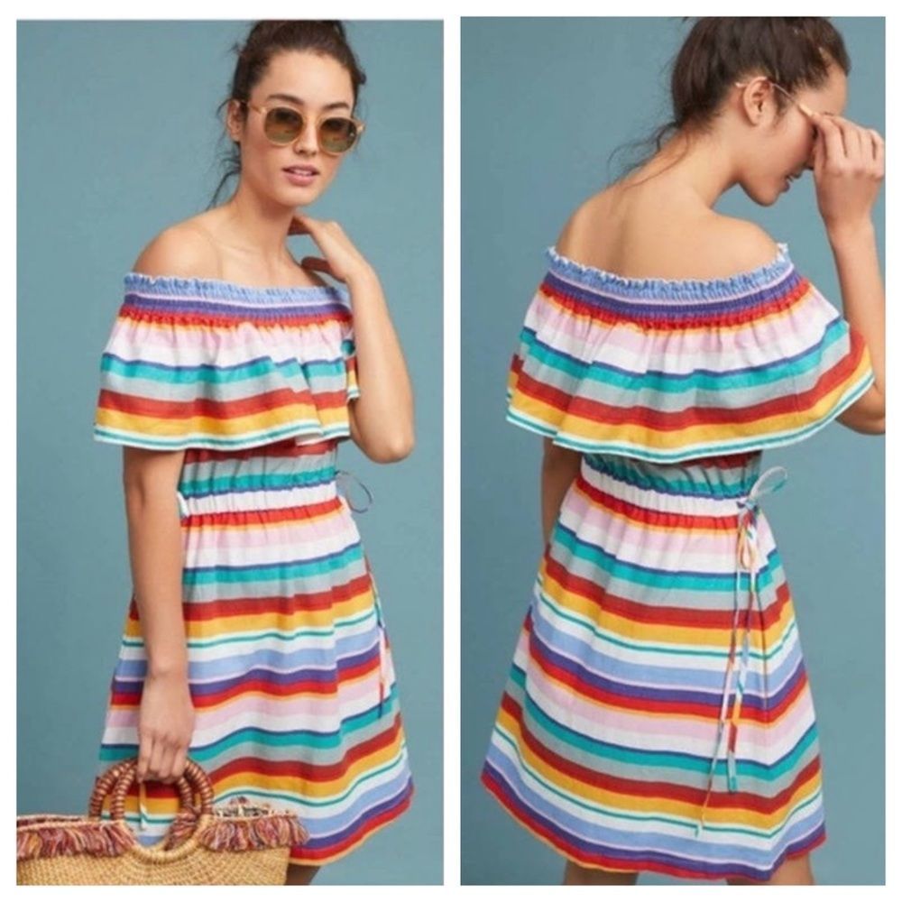 ANTHROPOLOGIE | Rainbow Striped Off Shoulder Dress | M